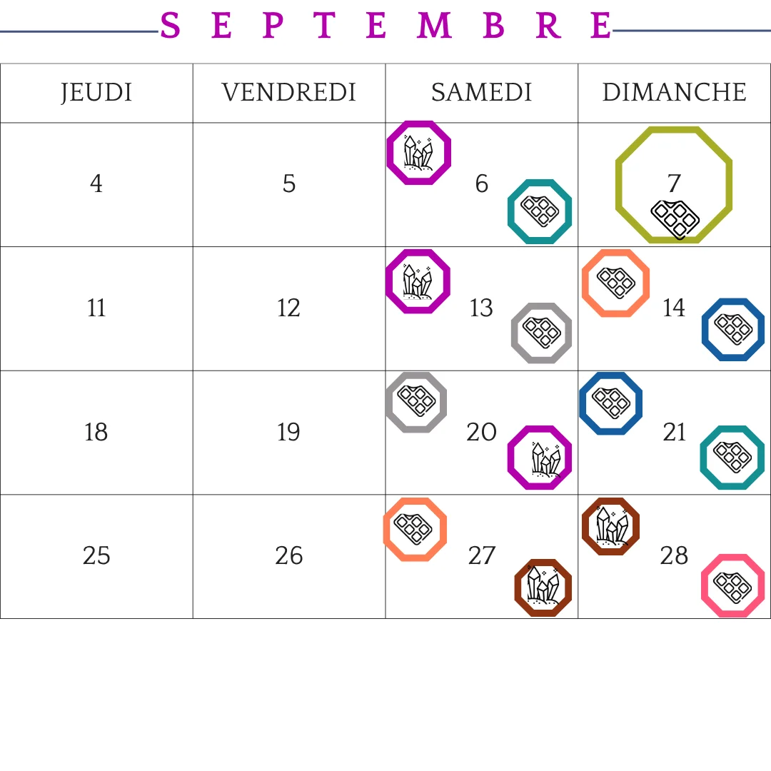 Planning visuel des ateliers thématiques de Les Epicurieuses avec des icônes pour chaque thème.
