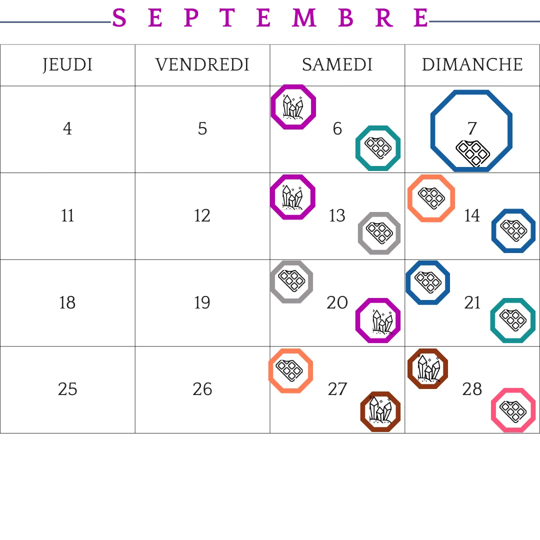 Planning visuel des ateliers thématiques de Les Epicurieuses avec des icônes pour chaque thème.