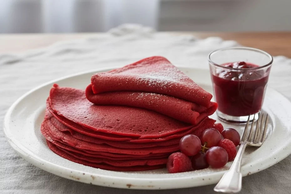 Pile de crêpes moelleuses au sucre glace, recette originale au vin rouge Beaujolais.