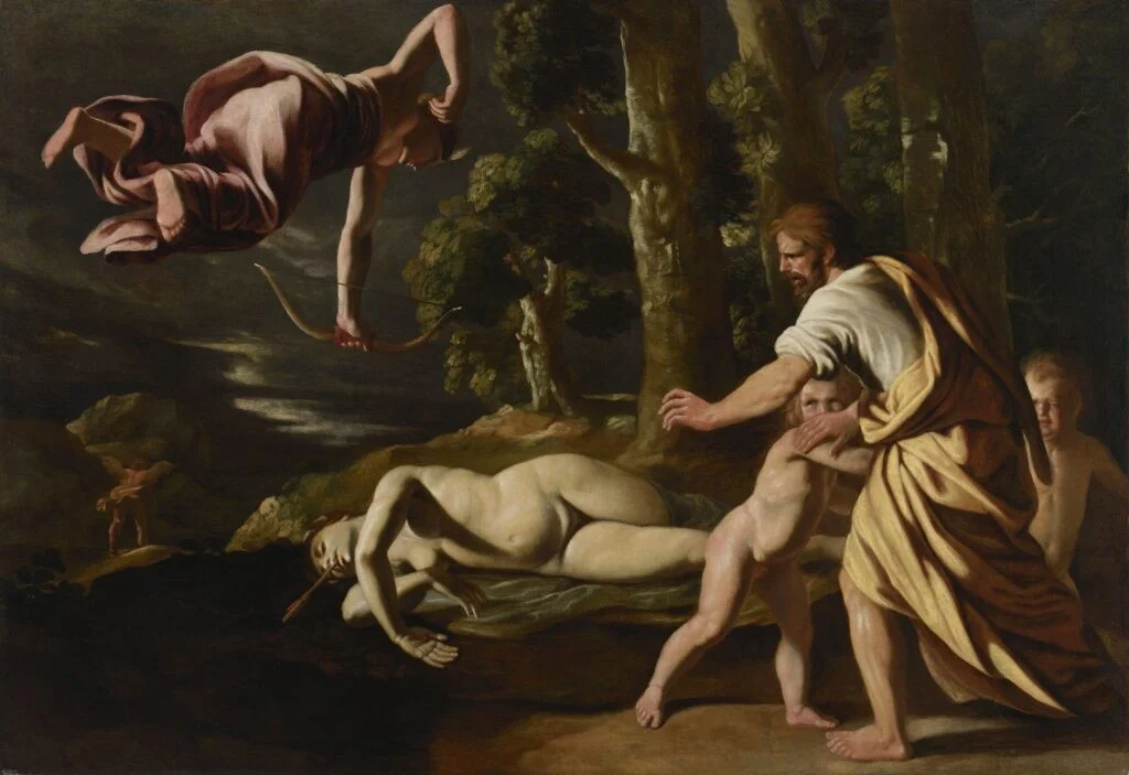 Peinture classique La Mort de Chioné de Nicolas Poussin au Musée des Beaux-Arts de Lyon.