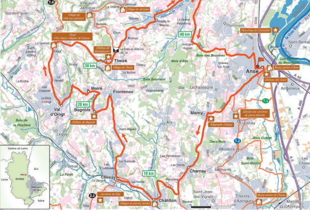 Carte itinéraire circuit vélo dans le sud Beaujolais secteur pierres dorées passant par Anse et Oingt