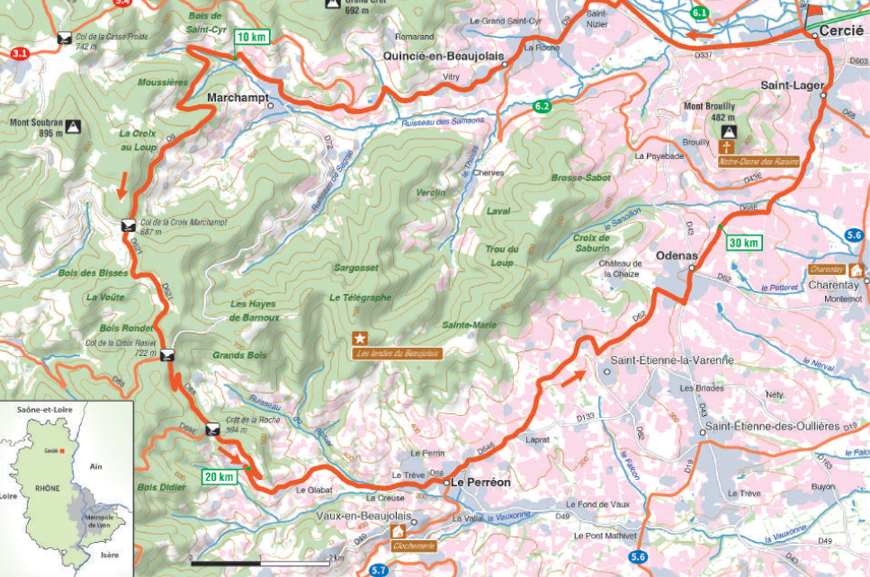 Carte d'itinéraire cycliste mont brouilly beaujolais autour de Vaux en Beaujolais et Marchampt