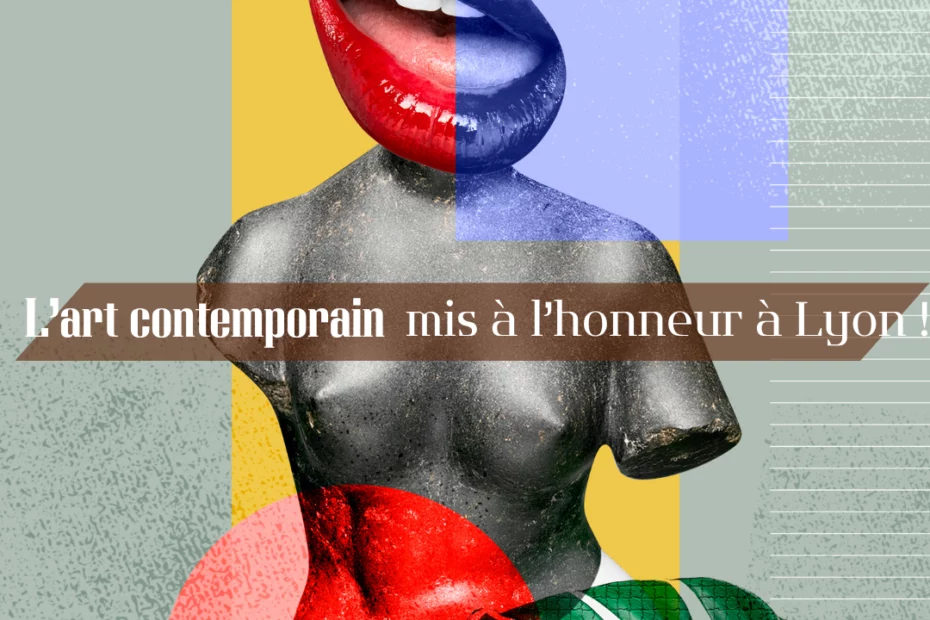 Collage artistique moderne pour illustrer la Biennale d’Art Contemporain mêlant un buste classique et une bouche graphique