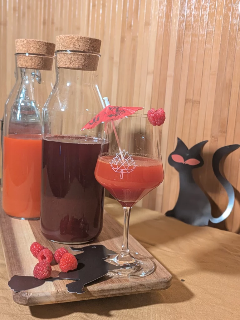 Cocktail Halloween sans alcool rouge "Sang des Sorcières" à base de jus d'orange sanguine et cerise, servi dans un verre élégant avec décoration de framboise.